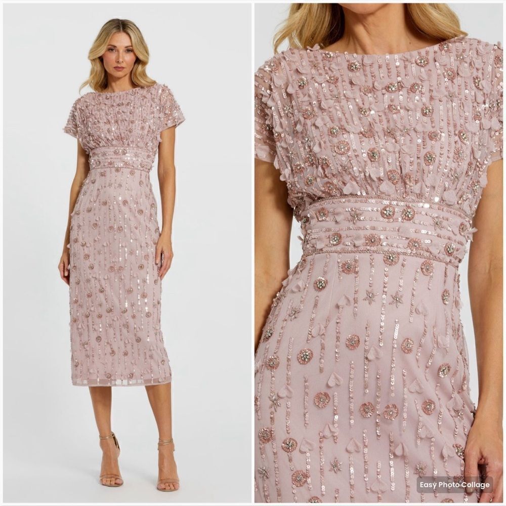 MAC DUGGAL 94117 Pink Cap Sleeve Column Midi Dress With Floral Beading